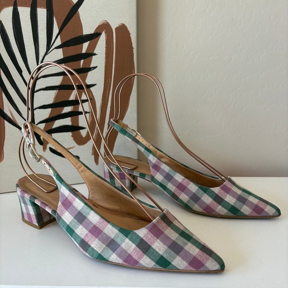 Anthropologie Gingham Slingback Block Heels Green Purple Size 38 - Picture 3 of 9
